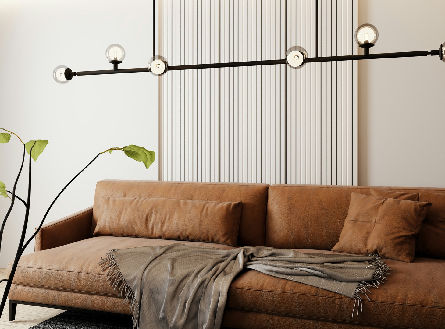 غرفة معيشة مودرن مؤثثة بكنب بني