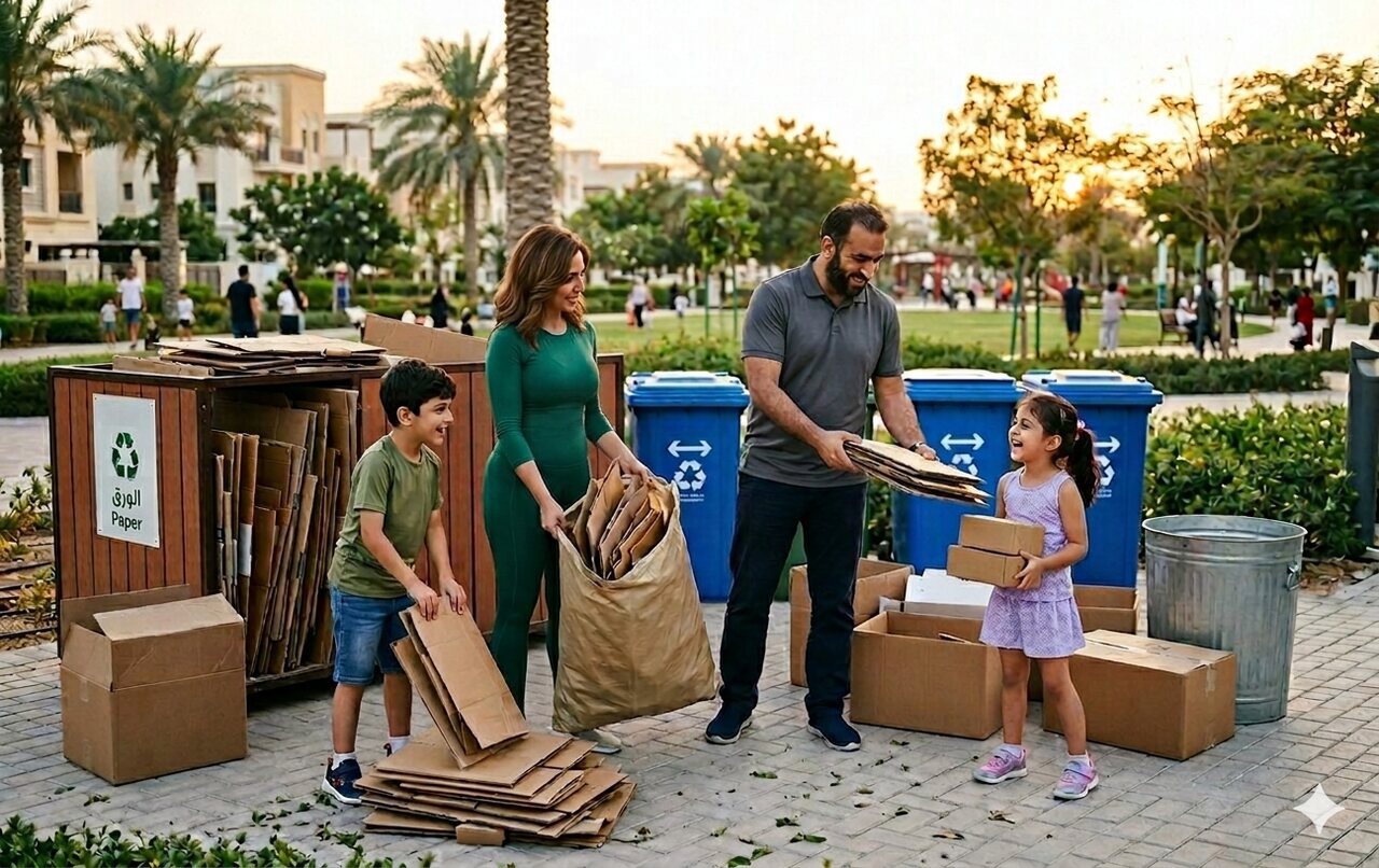 صورة عائلة تجمع علب الكرتون