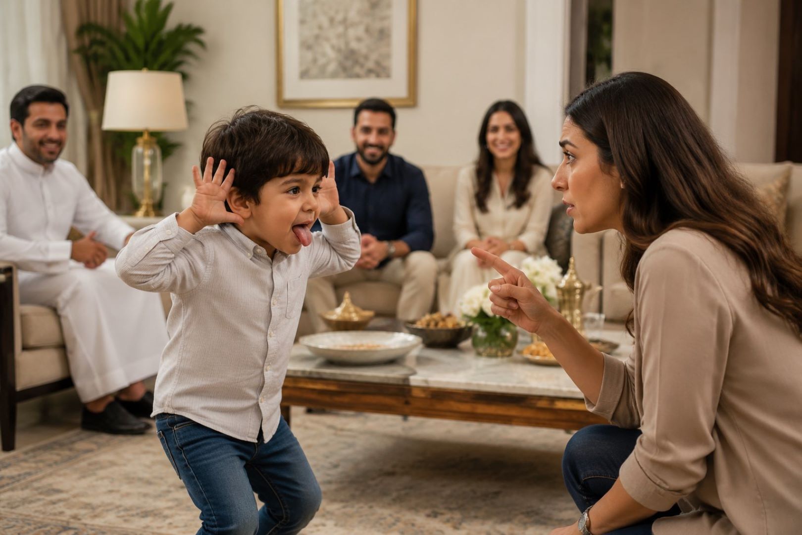 صورة تعبر عن طفل مشاغب في حضرة الضيوف