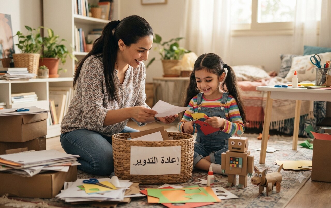 صورة أم وابنتها تجمعان الأوراق