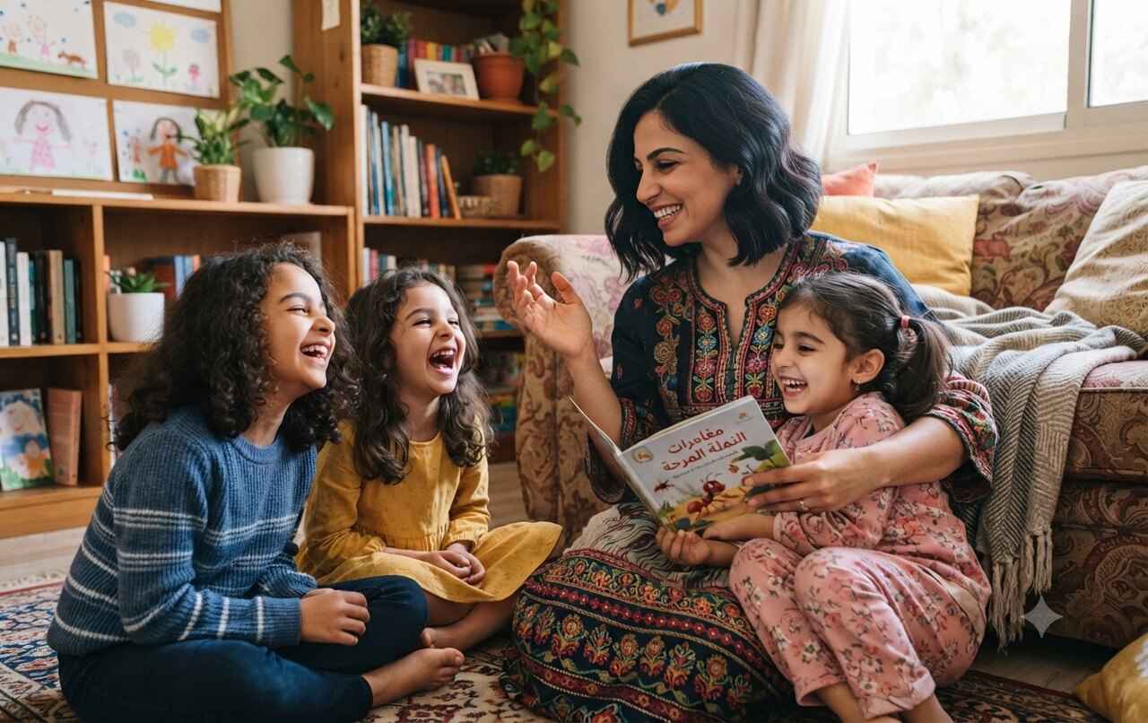 صورة أم تقرأ القصص لبناتها