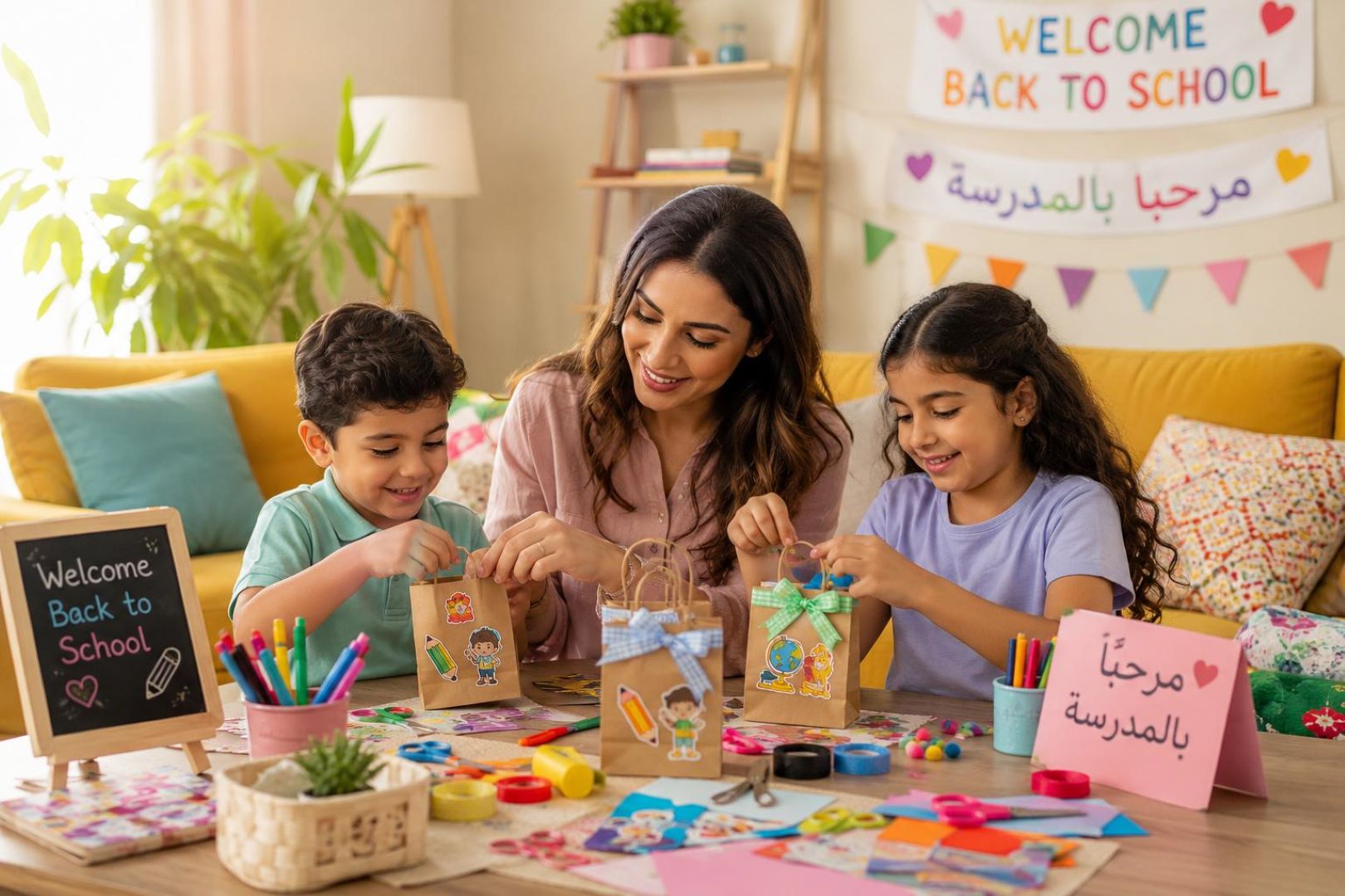 صورة لأم تعِد هدايا منزلية مع أطفالها