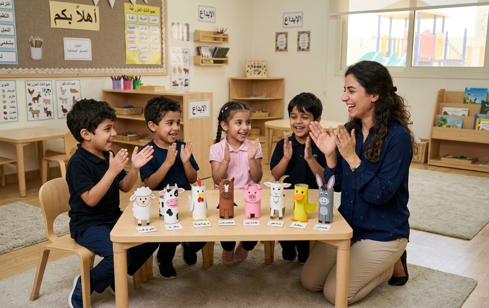 صورة أطفال أمام حيوانات المزرعة