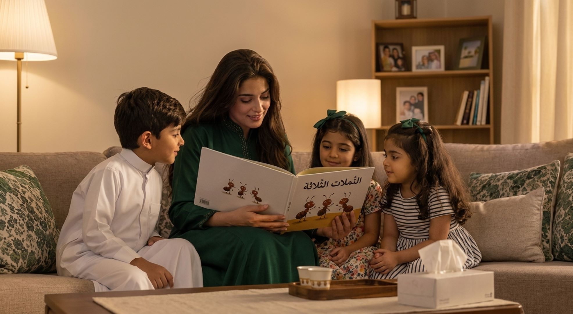 صورة لأم تقرأ قصصاً لأطفالها عن التعاون