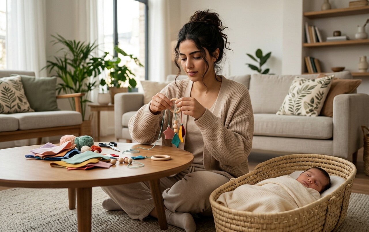 صورة أم تصنع ألعاباً لتنمية مهارات الرضيع