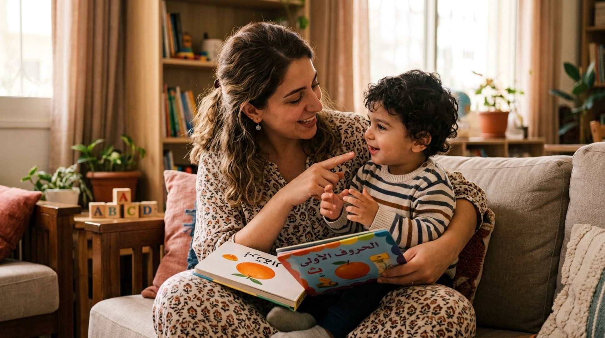 صورة لأم تعلم طفلها النطق الصحيح