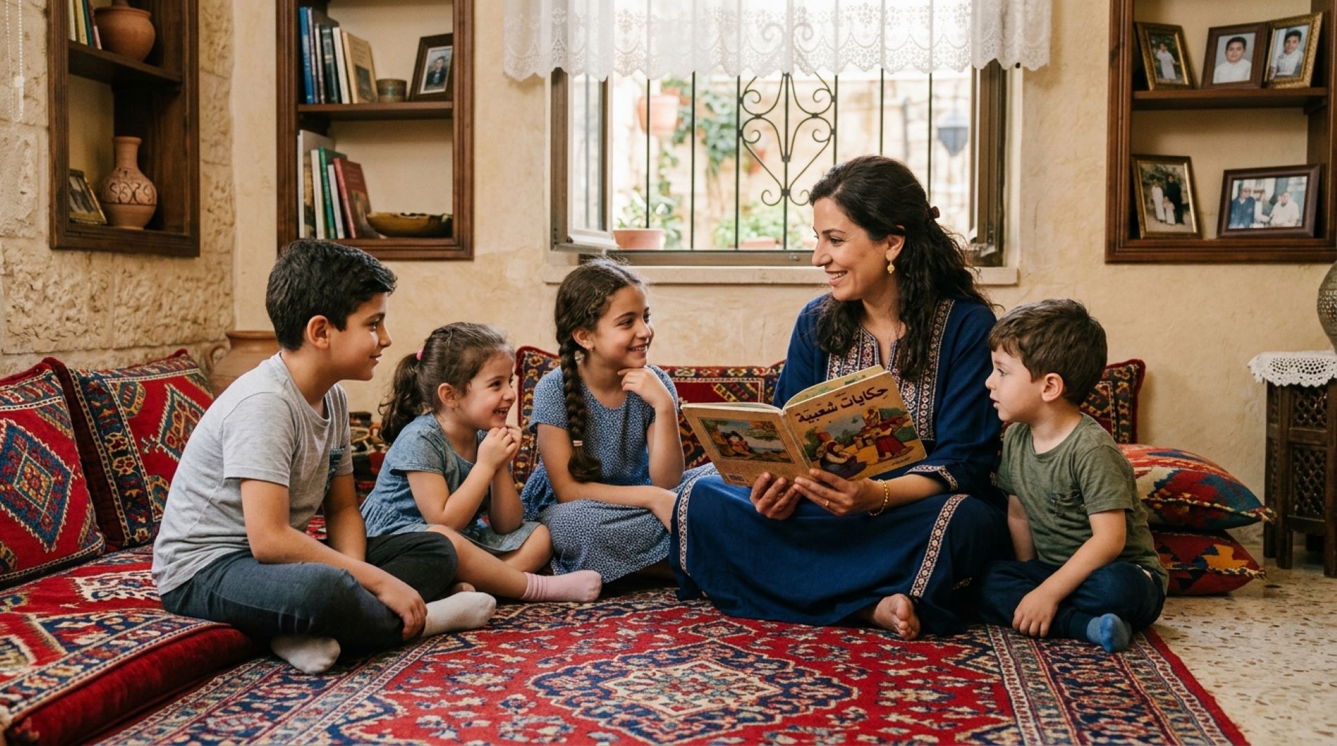 صورة لأم تروي حكايات شعبية لأطفالها