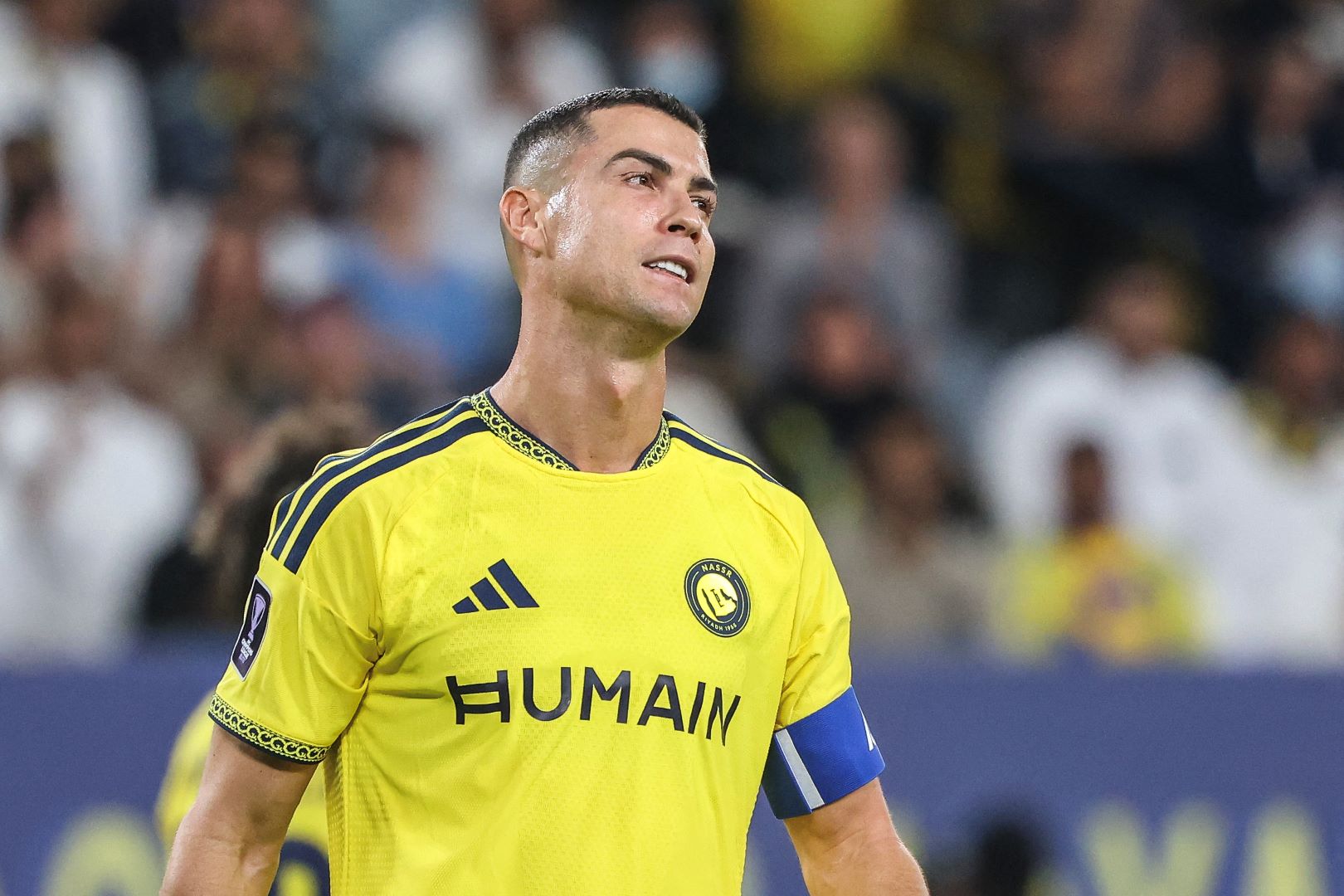 كريستيانو رونالدو في ملعب الأول بارك بالرياض (Cristiano Ronaldo at the Alawwal Park stadium in Riyadh). مصدر الصورة: Fayez NURELDINE / AFP