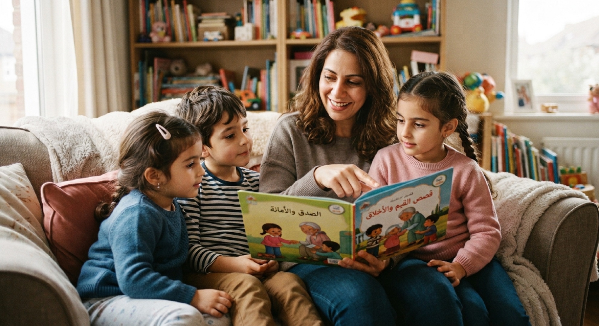 صورة لأم تقرأ القصص لأطفالها