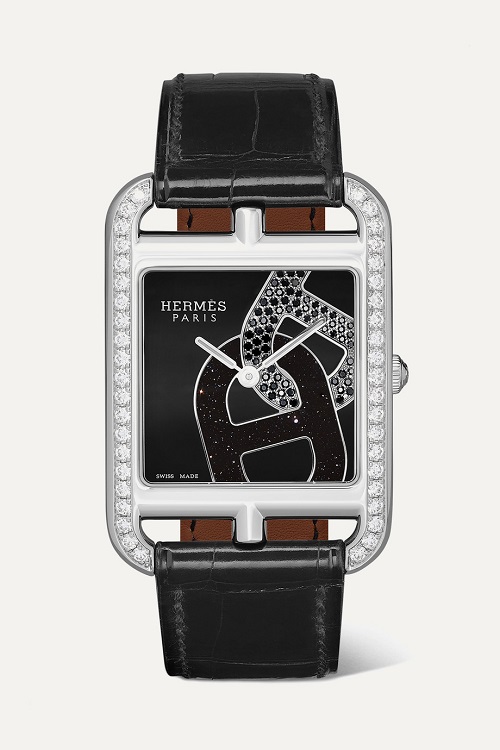 ساعة من الجلد الأسود مرصعة من Hermès
