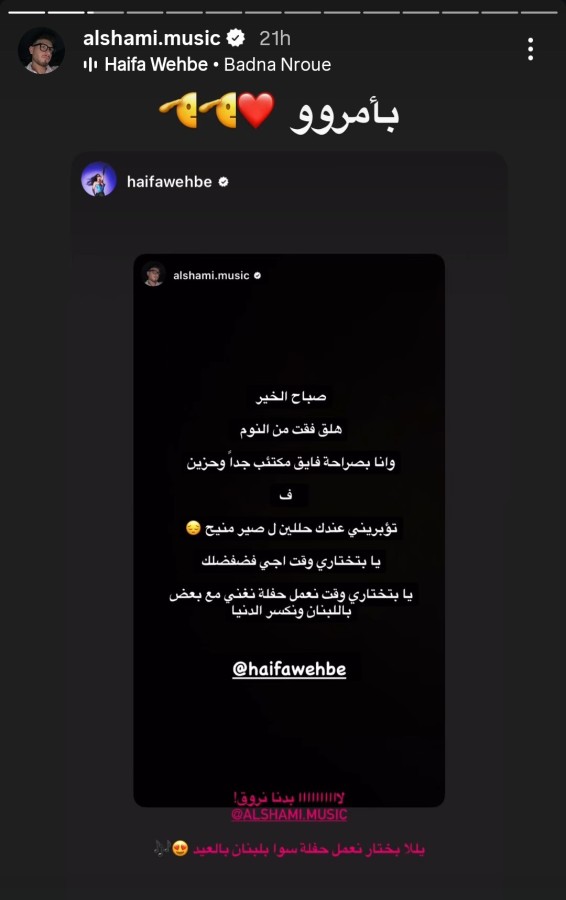 ردت هيفاء عبر منشور على ستوري حسابها على إنستغرام على الشامي