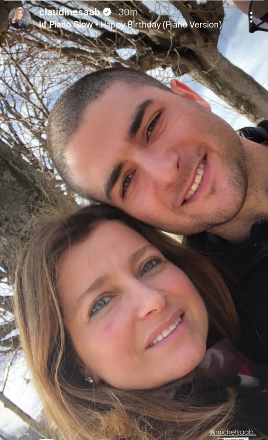 نشرت كلودين صعب عبر ستوري حسابها على إنستغرام صورة تجمعها بابنها ميشال بمناسبة الاحتفال بيوم ميلاده-1