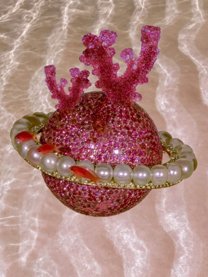 بروش Reef Planet Brooch، بالذهب والأحجار الملوّنة والماس ولآلئ الخليج العربي، مصمّم على شكل كويكب من مرجان، محاط بهالة من اللآلئ