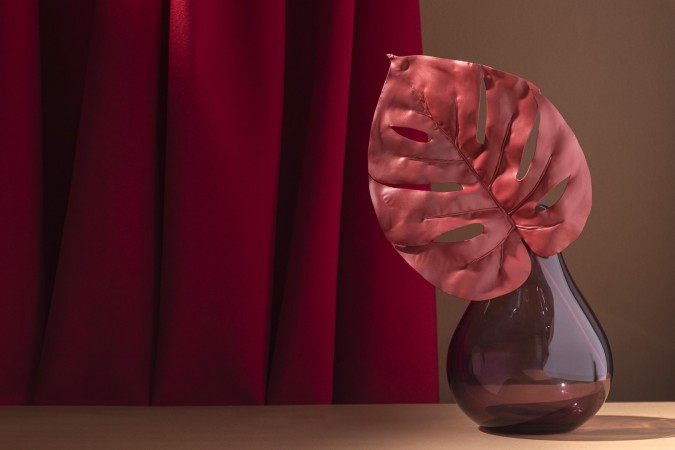 ورقة من نبات المونستيرا حمراء في مزهرية زجاجية داكنة أمام ستائر مخملية حمراء