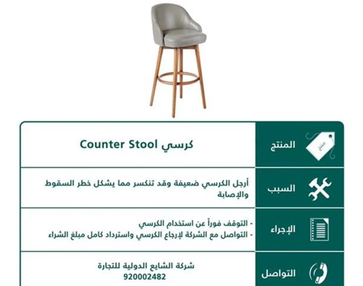 «التجارة والاستثمار» تدعو للتوقف الفوري عن استخدام كرسي «counter stool»