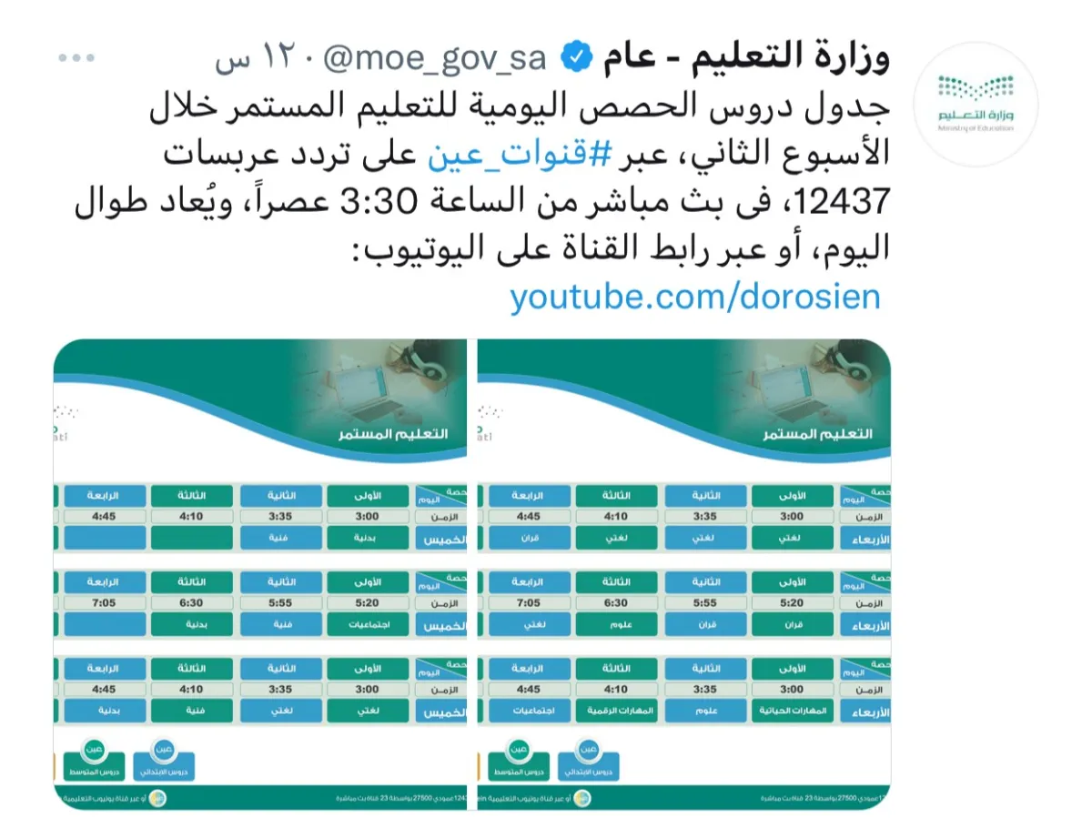 جداول الحصص اليومية لجميع المراحل للأسبوع الثاني