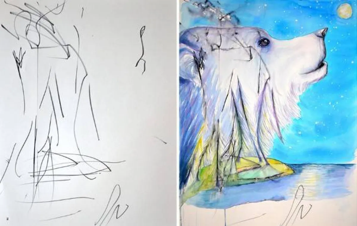 شخابيط تحولت لكلب مرسوم بالأكواريل 