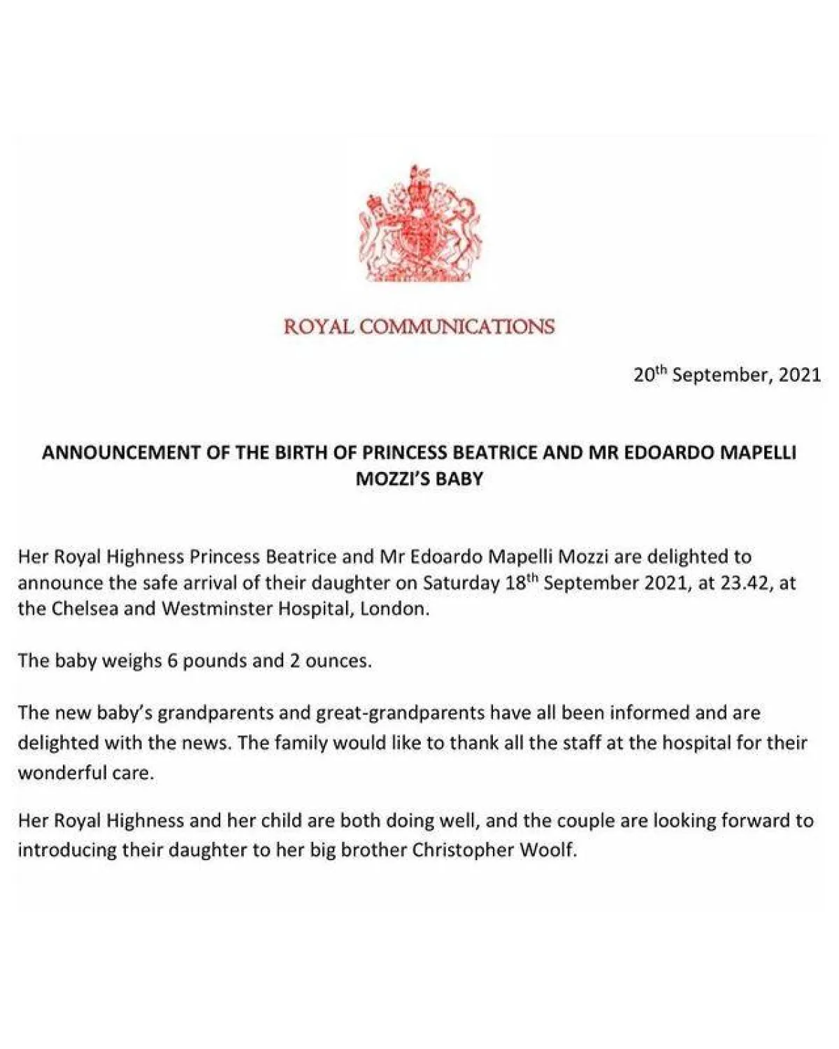 قصر باكنغهام يعلن ولادة الأميرة بياتريس- الصورة من حساب Europe Royals على إنستغرام