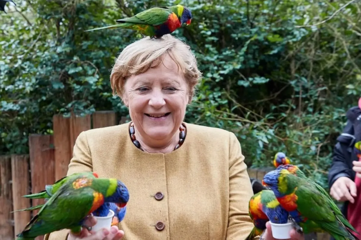 تطعم الببغاوات ذات الألوان الزاهية التي ترفرف حولها -الصورة من وكالة الأنباء الألمانية د.ب.أ