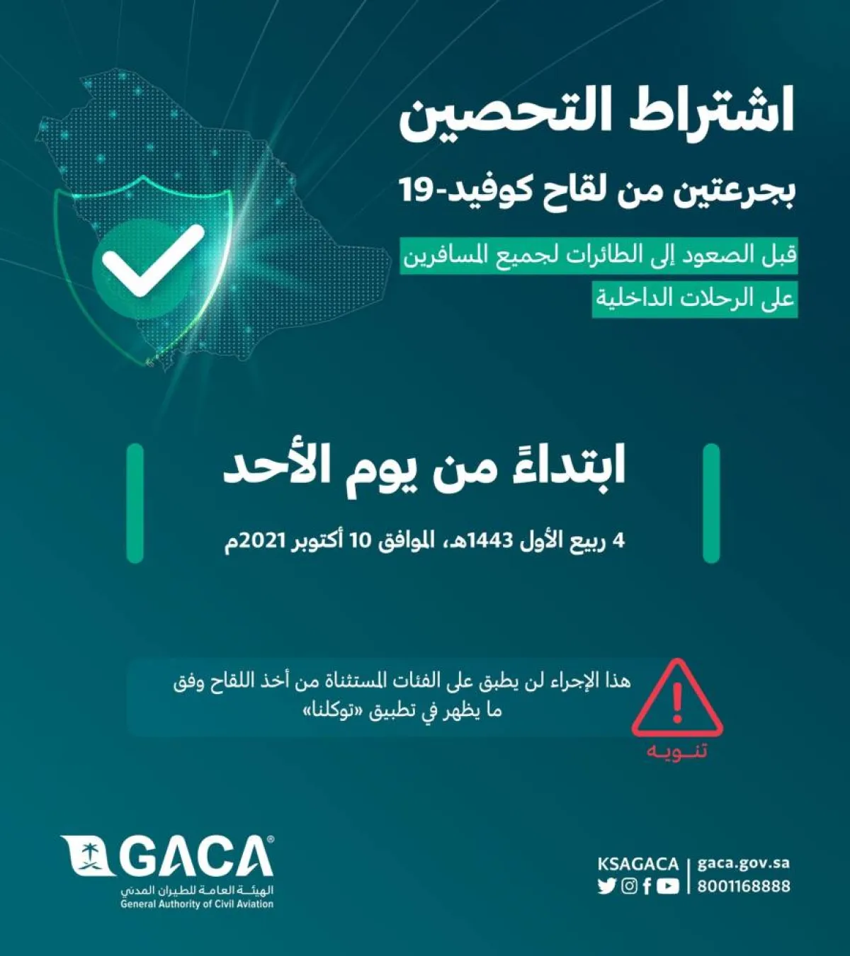 اشتراط التحصين للطيران الداخلي - الصورة من حساب الهيئة على تويتر