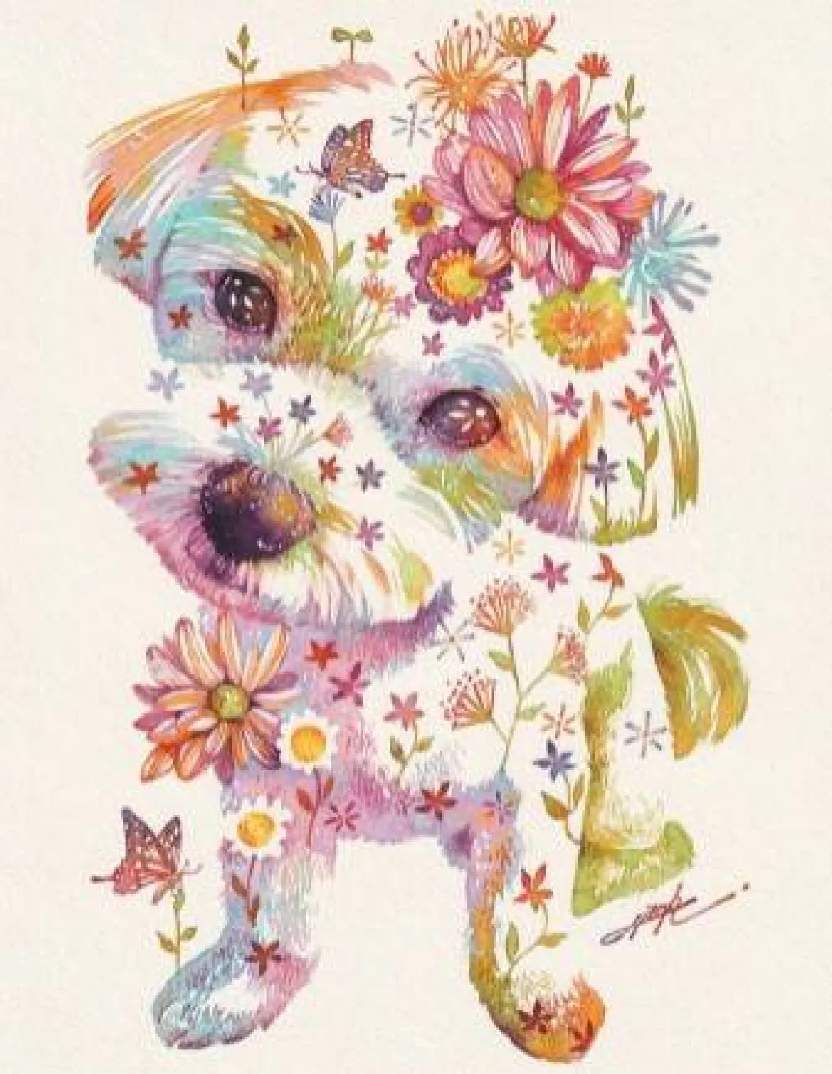 كلب الزهور والفراشات