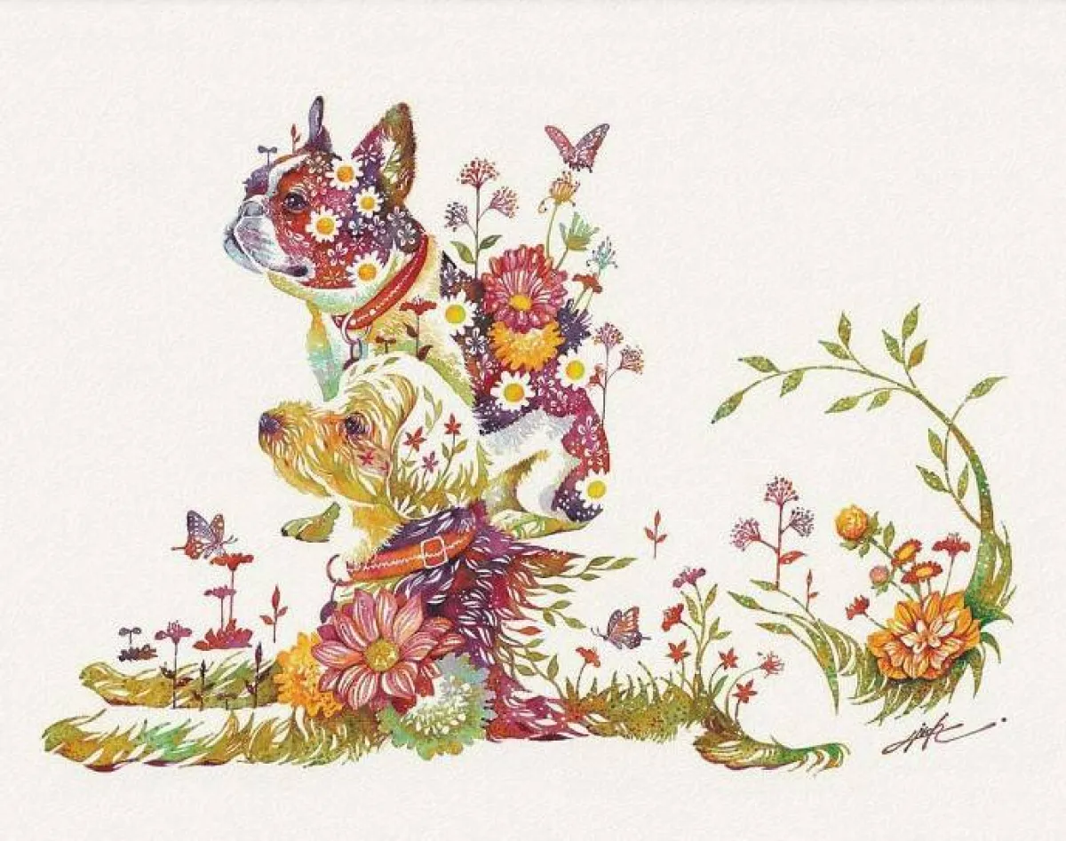 قطة وكلب من  الزهور والفراشات
