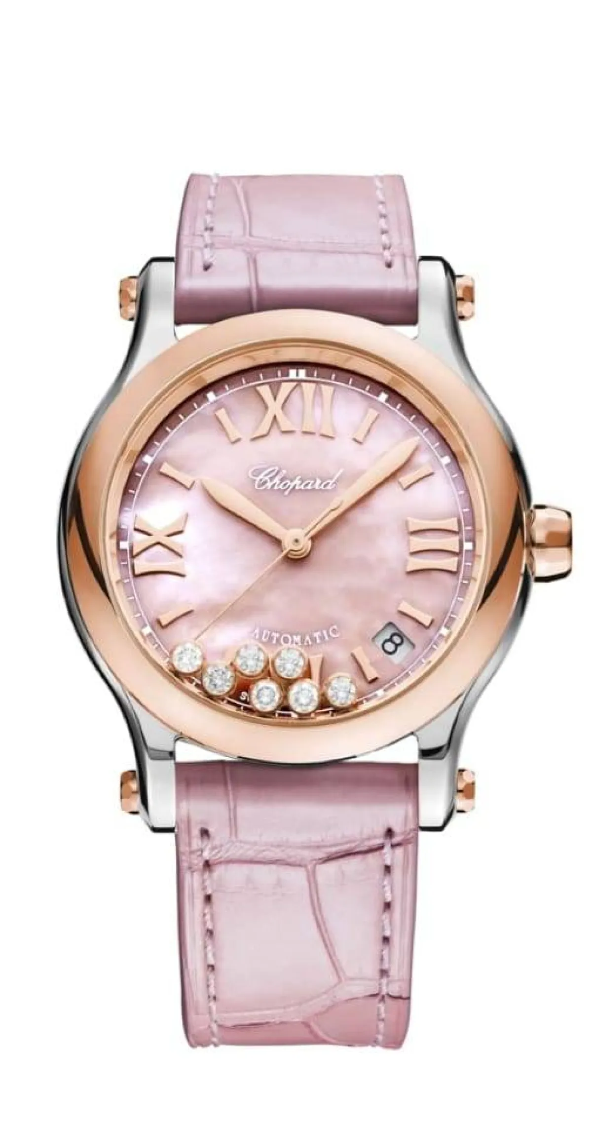 ساعة جلد نسائية عملية باللون الوردي من شوبارد chopard 
