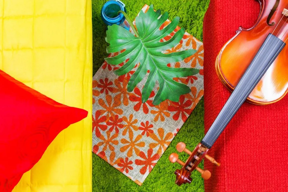 آلة الكمان، في منزل يلفت بألوانه