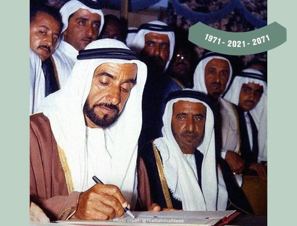 توقيع الشيخ زايد على وثيقة الاتحاد وإعلان دولة الإمارات في الثاني من ديسمبر 1971