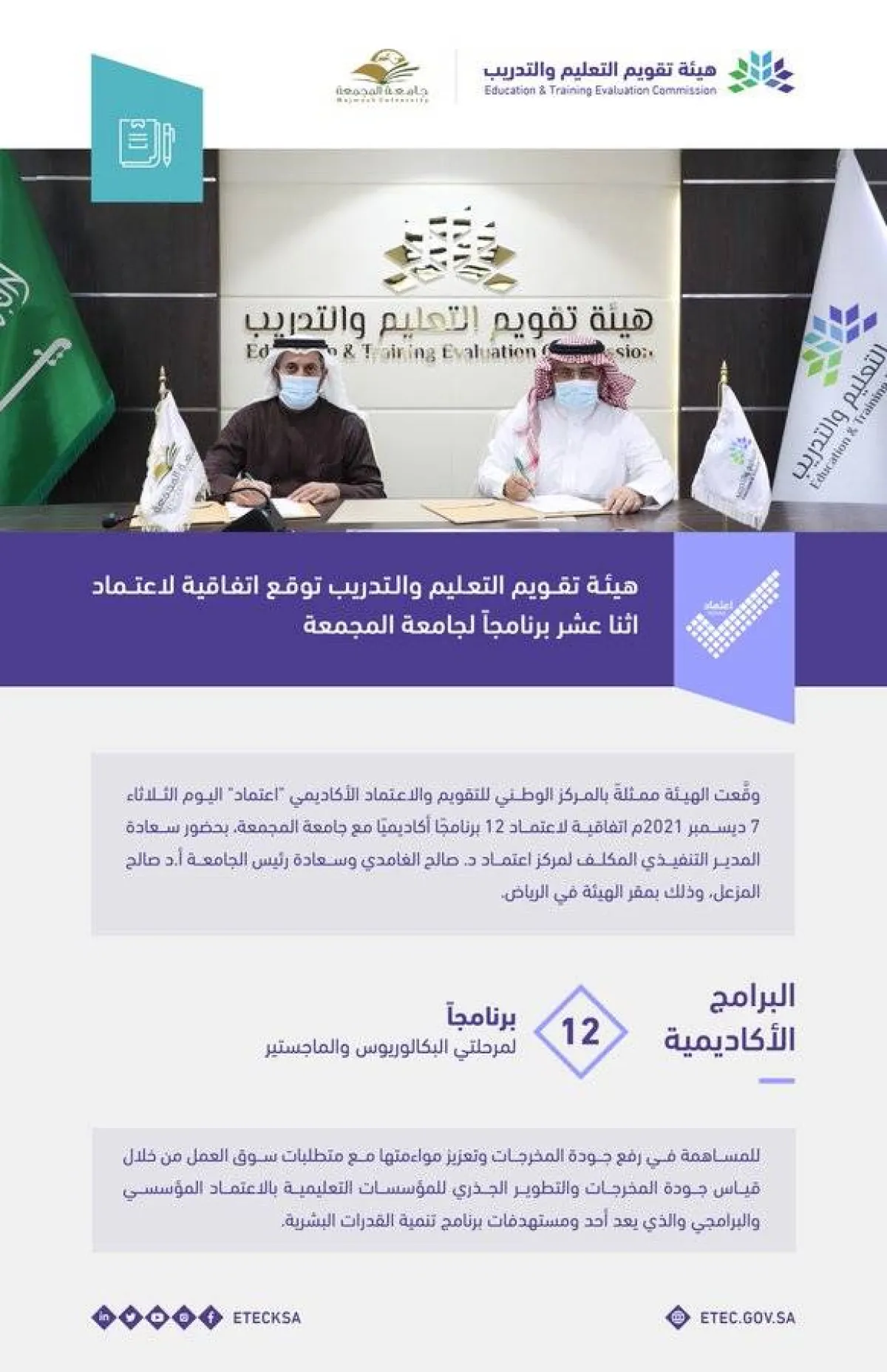 هيئة تقويم التعليم والتدريب تعتمد 12 برنامجا أكاديميا في جامعة المجمعة - الصورة من حساب الهيئة على تويتر