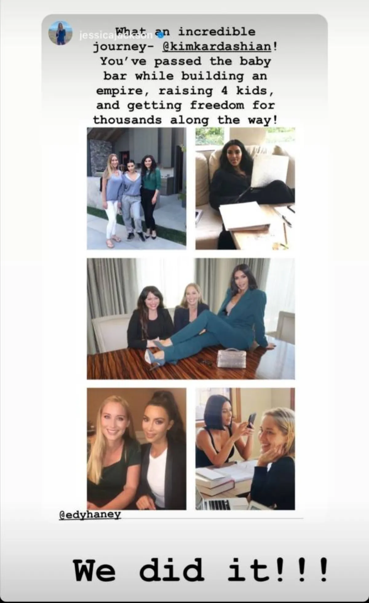 تهنئة جسيكا جاكسون لكيم كاردشيان- الصورة من قصص إنستغرام كيم كاردشيان