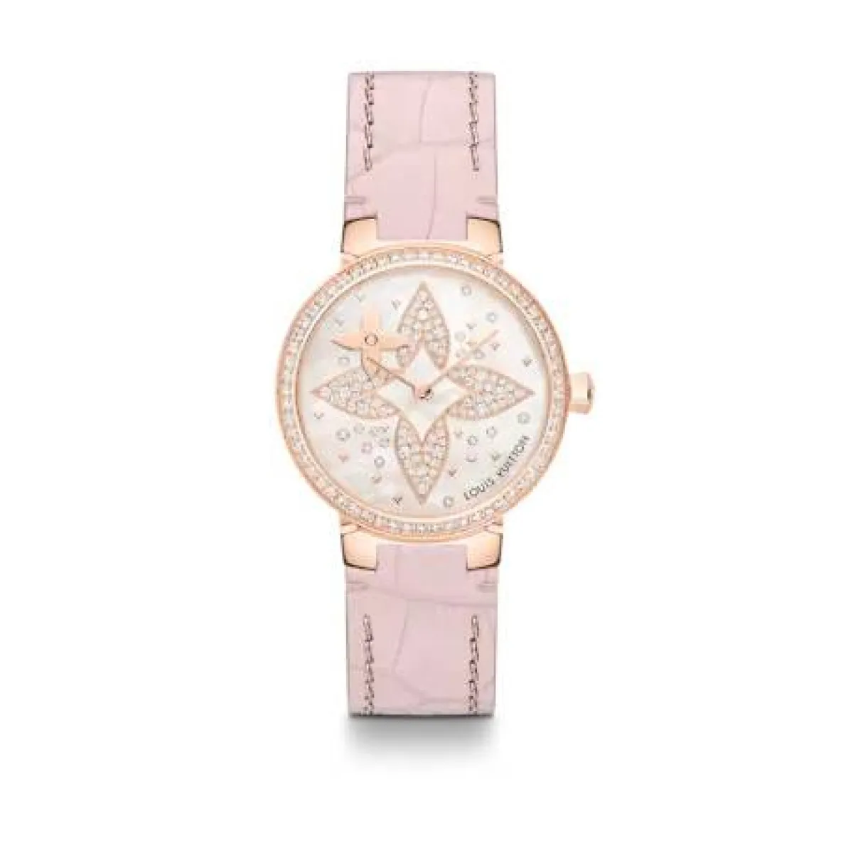 ساعة بسوار جلد وردي من لويس فويتون