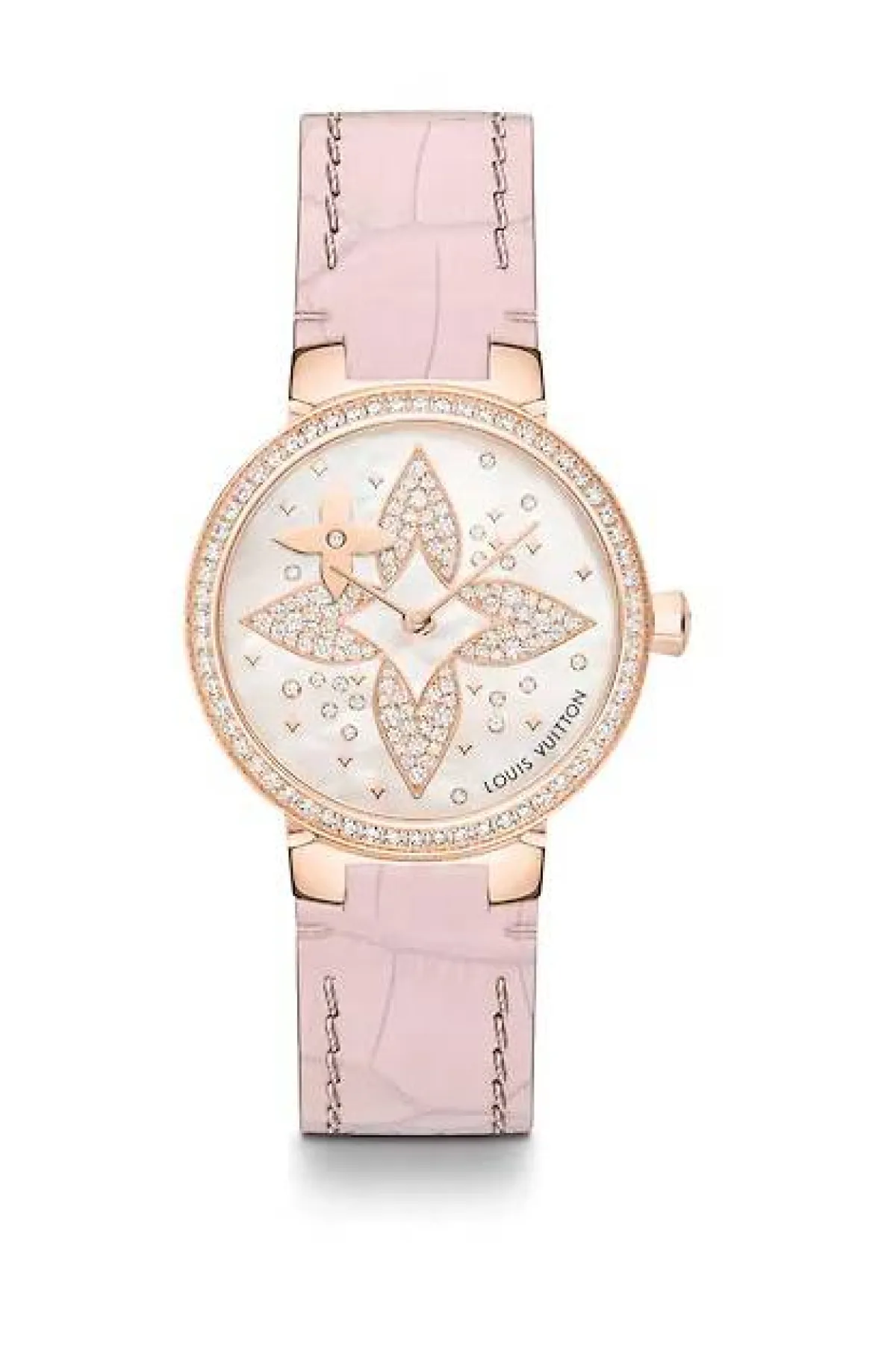 ساعة بسوار جلد وردي من لويس فويتون Louis Vuitton