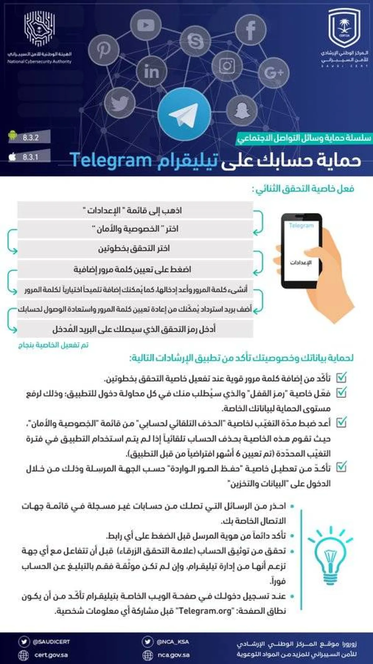 الخطوات  التي تضمن حماية حسابات التليجرام