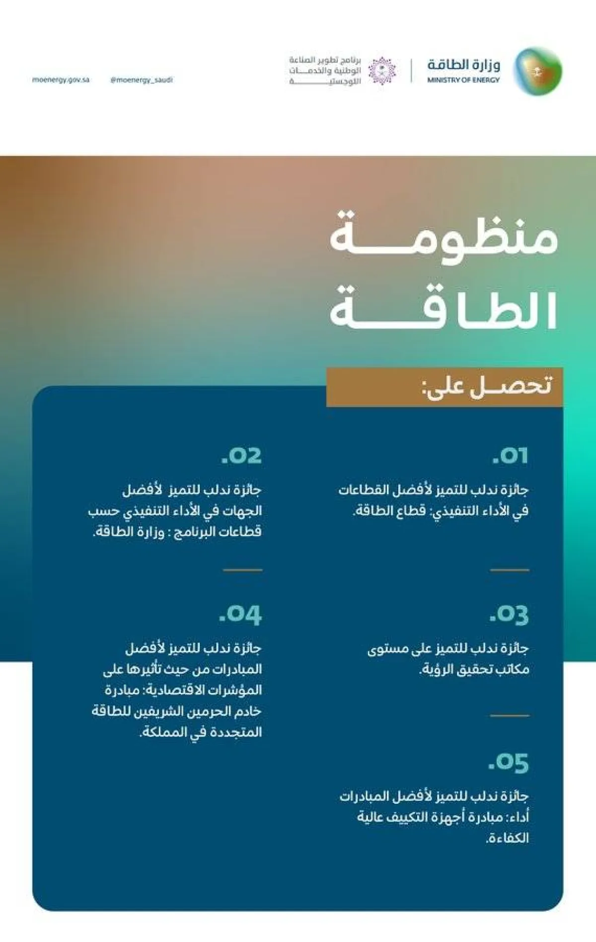 وزارة الطاقة السعودية تحصد 5 جوائز في الحفل السنوي الختامي لبرنامج "ندلب" لعام 2021 - الصورة من حساب الوزارة على تويتر