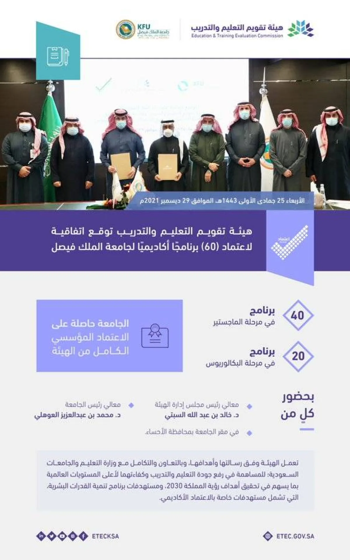 "تقويم التعليم" توقع اتفاقية لاعتماد 60 برنامجا أكاديميا لجامعة الملك فيصل - الصورة من حساب الهيئة على تويتر