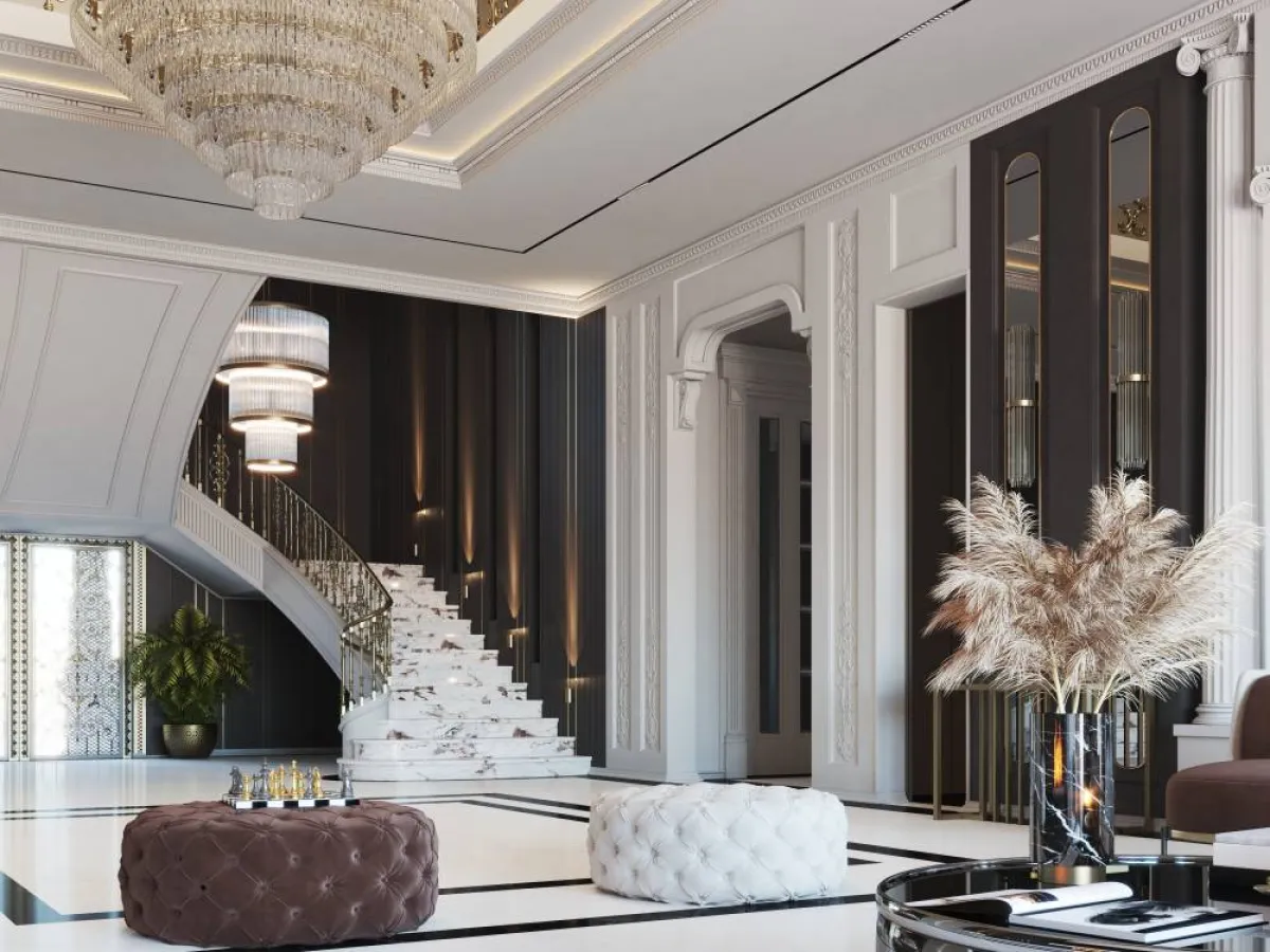 في المساحة الفسيحة، قد يزيّن المصمّم الجدران والسقف بالزخارف الكلاسيكيّة، مع إضافة بعض التفاصيل "المودرن" في السقف