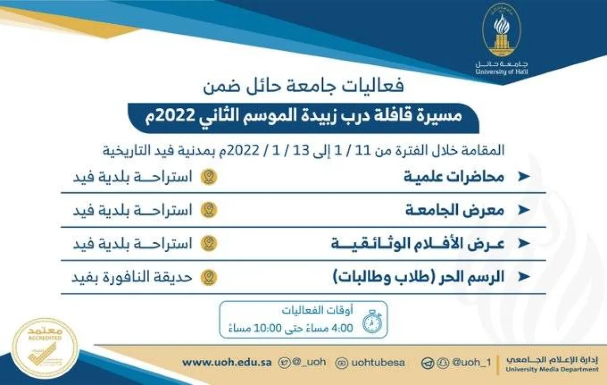 جامعة حائل تنفذ برامج وفعاليات متنوعة ضمن مسيرة قافلة درب زبيدة ٢٠٢٢ - الصورة من حساب الجامعة على تويتر