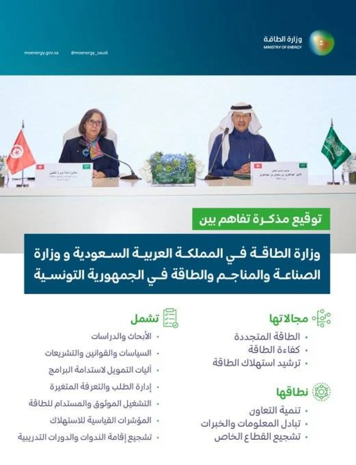 السعودية وتونس توقعان مذكرة تفاهم للتعاون في مجالات الطاقة- الصورة من حساب وزارة الطاقة على تويتر