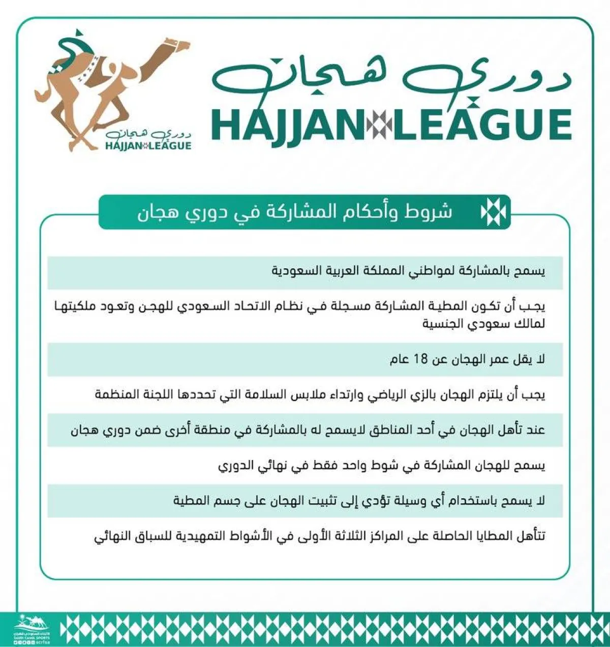 الاتحاد السعودي للهجن يعلن شروط وأحكام المشاركة في النسخة الأولى من دوري هجان 2022 - الصورة من حساب الاتحاد على تويتر