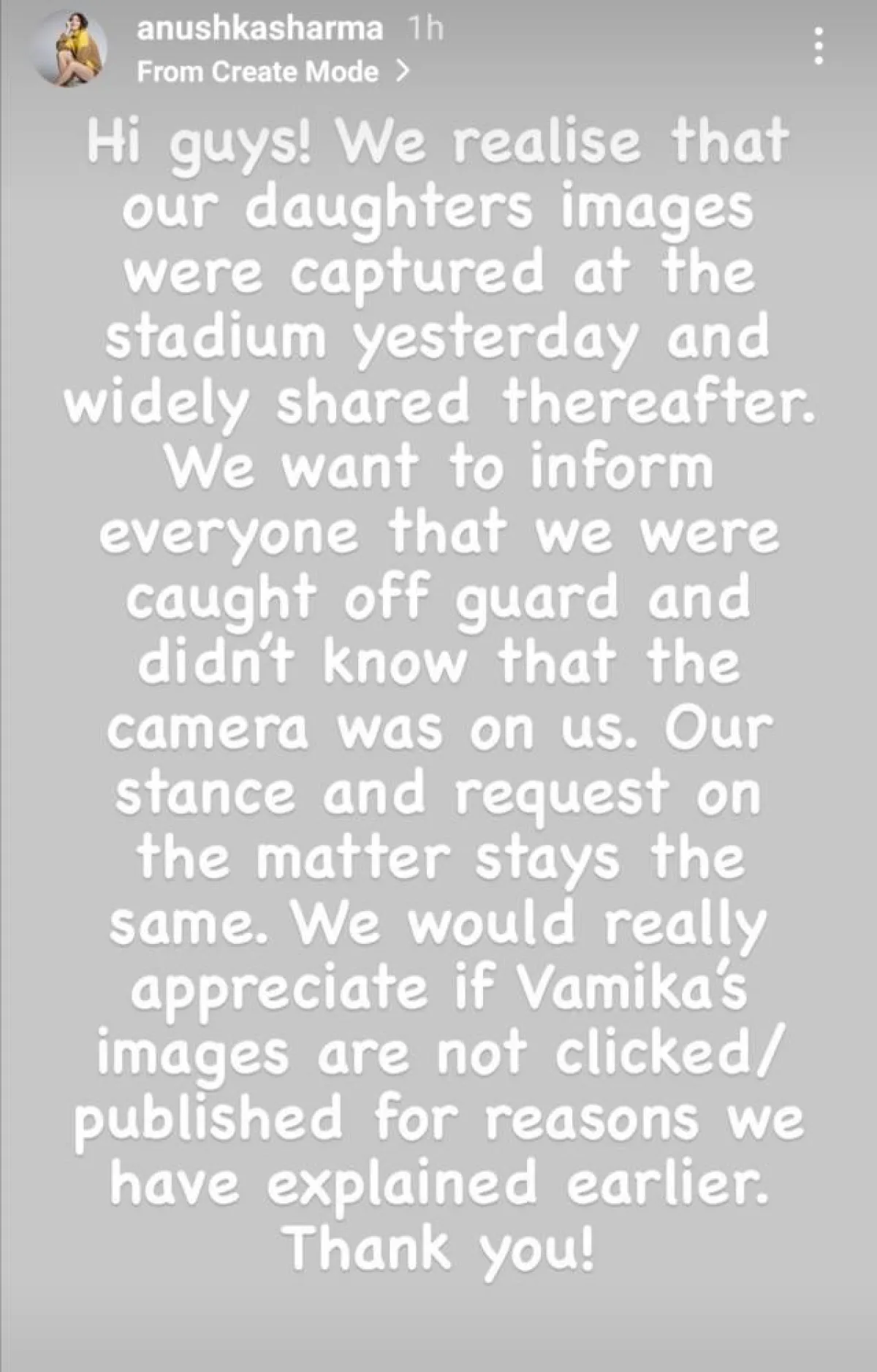 بيان أنوشكا شارما على قصص إنستغرام الخاص بها