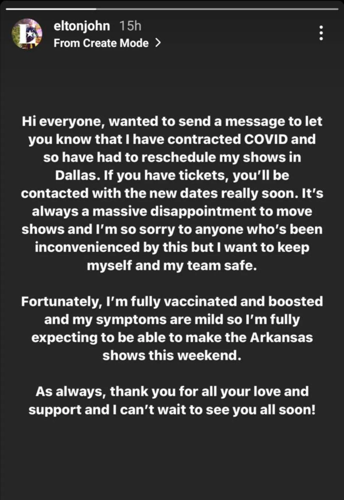بيان إلتون جون عن تأجيل حفلاته على قصص إنستغرام الخاص به