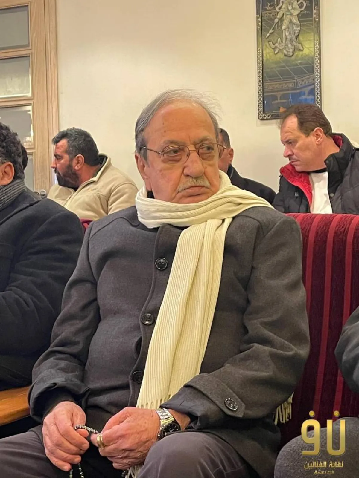 دريد لحام في العزاء - الصورة من حساب نقابة الفنانين السوريين على فيسبوك