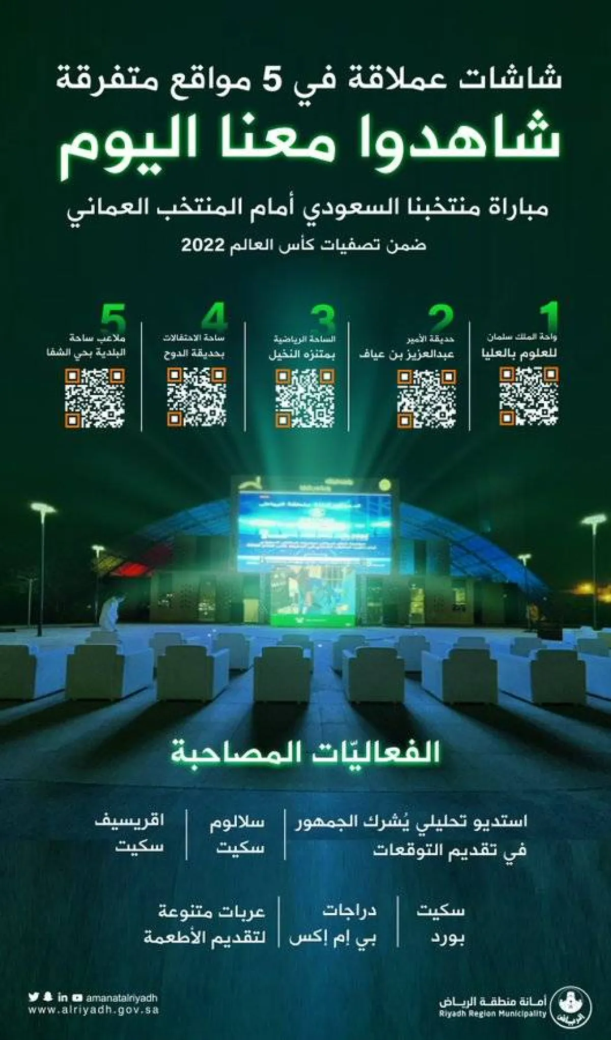 شاشات عملاقة في الساحات والحدائق العامة بالرياض لنقل مباراة المنتخب السعودي - الصورة من حساب أمانة الرياض على تويتر
