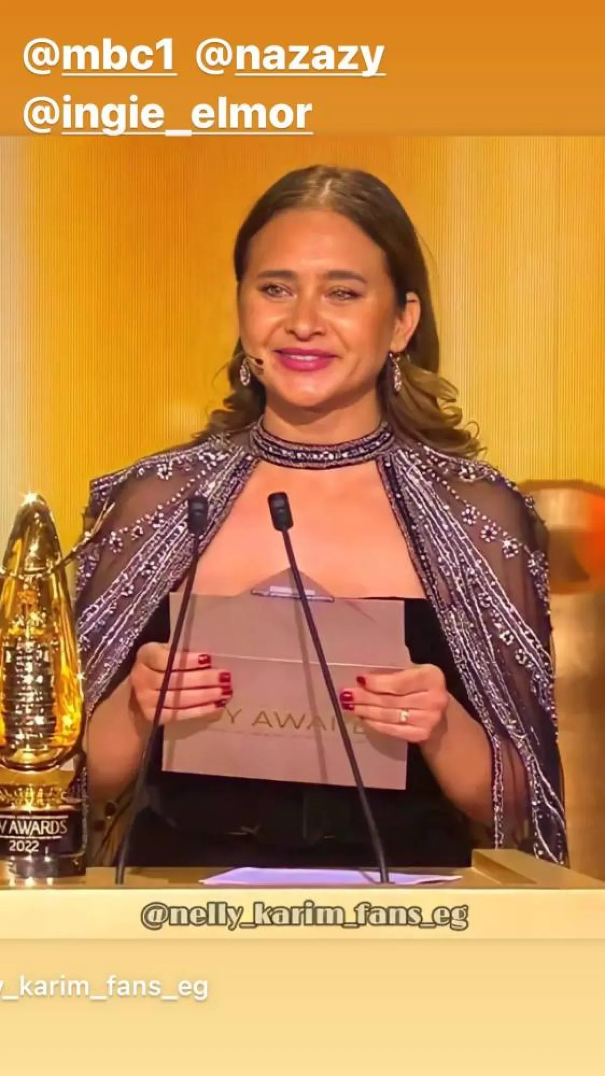 نيللي كريم خلال تسليم محمد هنيدي جائزة أفضل فيلم سينمائي - الصورة من ستوري انستغرام نيللي