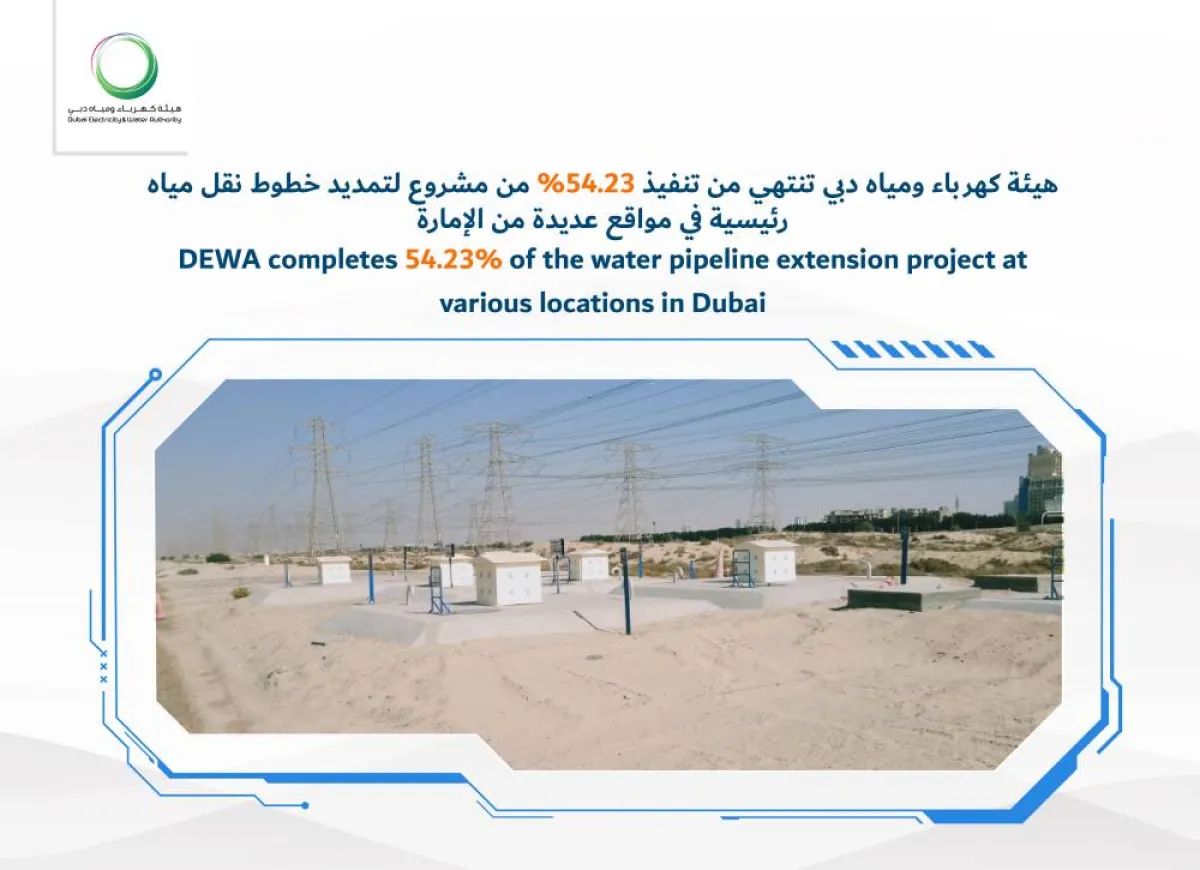 كهرباء ومياه دبي تنتهي من تنفيذ 54.23% من تمديد خطوط نقل مياه رئيسية. الصورة من تويتر هيئة كهرباء ومياه دبي