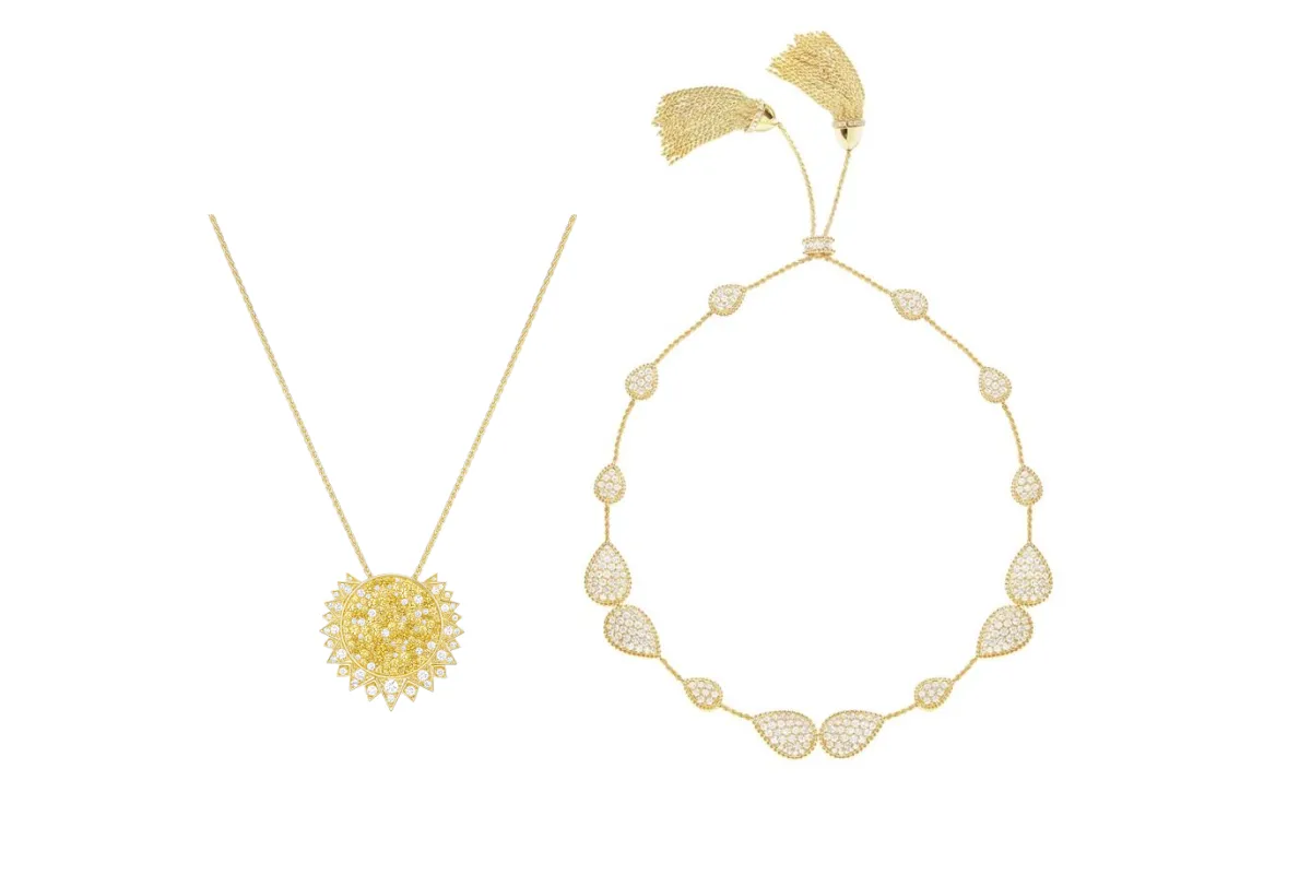 قلادات ذهب أصفر مرصعة بالألماس لإطلالة ناعمة لعروس 2022
