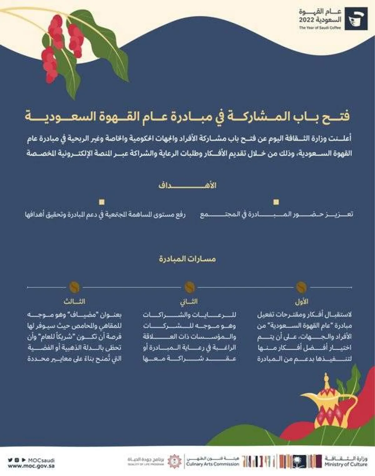 وزارة الثقافة تفتح باب مشاركة الأفراد والجهات في تفعيل مبادرة عام القهوة السعودية