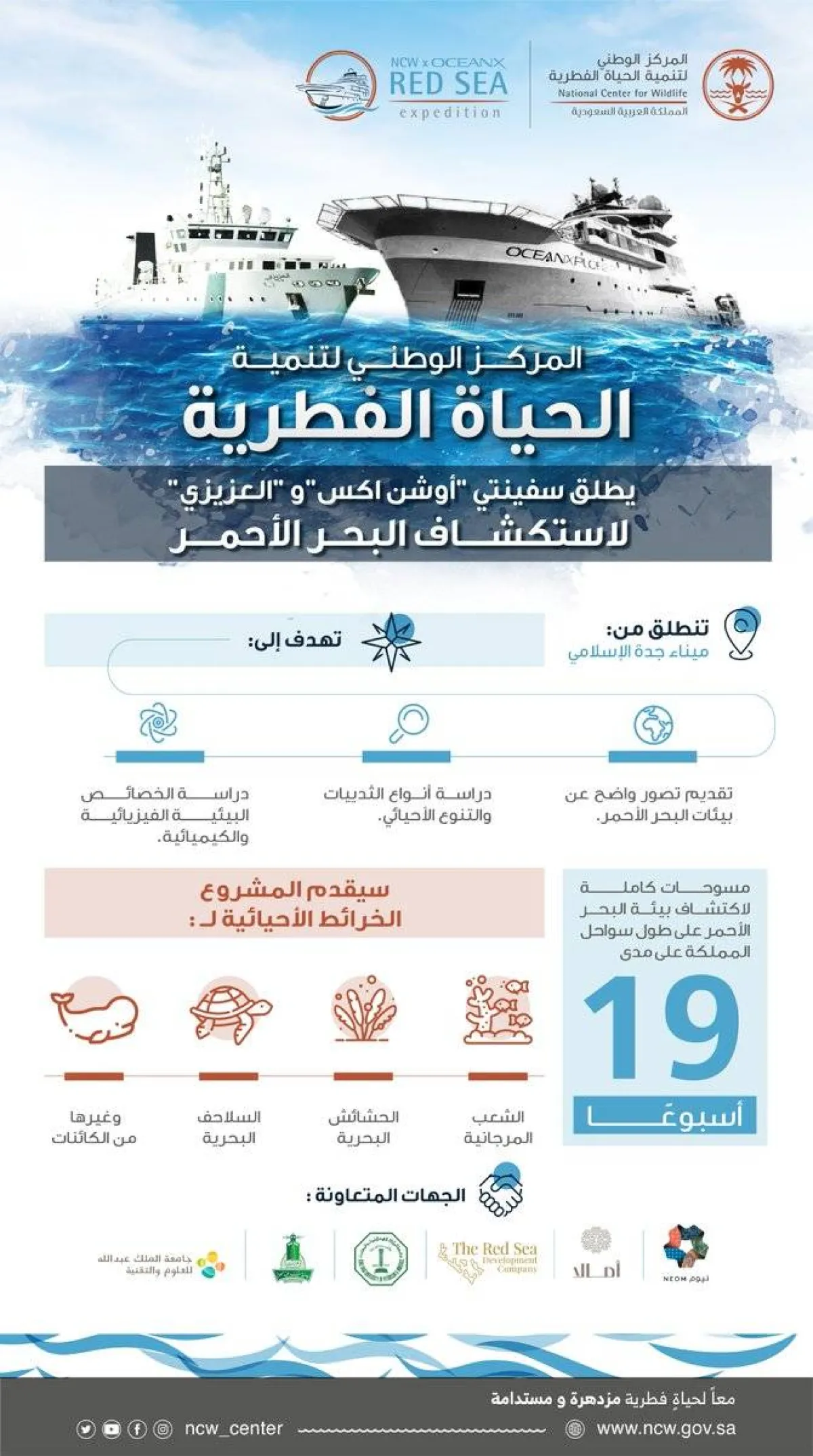 مركز تنمية الحياة الفطرية يطلق سفينتي "أوشن إكسبلورر" و"العزيزي" لاستكشاف البحر الأحمر - الصورة من حساب المركز على تويتر