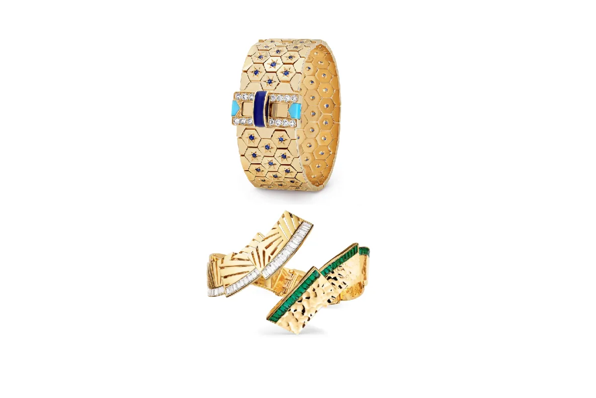 أساور عريضة مرصعة بالأحجار الكريمة لإطلالة فخمة للعروس